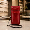 Leather Eyeglasses Case made from full grain leather in red color with shoulder strap