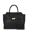 Front View Of The Black Leather Handbag And Wallet Set