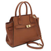 Angled And Shoulder Strap View Of The Cognac Womens Leather Shopper Bag That Forms The Set Of Leather Handbag And Wallet Set