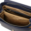 Internal Zip Pocket View Of The Dark Blue Leather Handbag Backpack Convertible