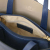 Opened Internal Zipped Compartment View Of The Dark Blue Leather Handbag
