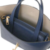 Internal Zipped Compartment View Of The Dark Blue Leather Handbag