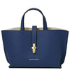 Front View Of The Dark Blue Leather Handbag