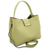 Angled And Shoulder Strap View Of The Lime Green Leather Handbag For Women