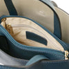 Open Internal Zipped Compartment View Of The Teal Leather Handbag
