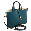 Angled and Shoulder Strap View Of The Teal Leather Handbag