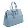 Angled View Of The Light Blue Leather Womens Handbag