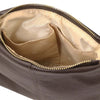 An internal compartment view with open pocket  of the chocolate Leather Ladies Handbag in pebbled leather