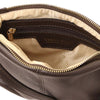 An internal compartment view with zip pocket  of the chocolate Leather Ladies Handbag in pebbled leather