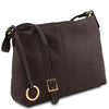 An angled and should strap view of the chocolate Leather Ladies Handbag in pebbled leather