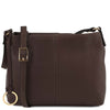 A front view of the chocolate Leather Ladies Handbag in pebbled leather with a leather green shoulder strap 