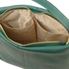 An internal compartment view with open pocket  of the green Leather Ladies Handbag in pebbled leather