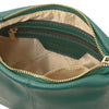 An internal compartment view with zip pocket  of the green Leather Ladies Handbag in pebbled leather