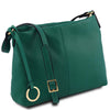 An angled and should strap view of the green Leather Ladies Handbag in pebbled leather