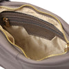 An internal compartment view with zip pocket  of the grey Leather Ladies Handbag in pebbled leather