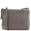 A front view of the grey Leather Ladies Handbag in pebbled leather with a leather green shoulder strap 