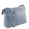 Angled View Of The Light Blue Leather Ladies Handbag