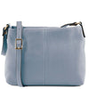 Front View Of The Light Blue Leather Ladies Handbag