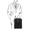 Man Holding The Black Leather Laptop Backpack