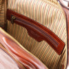 Internal Zipper Pocket View Of The Brown Leather Laptop Backpack
