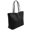 Angled View Of The Black Leather Shopping Tote Bag