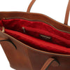 Internal Zip Pocket View Of The Brown Leather Shopping Tote Bag