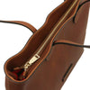 Overhead Zip Closure View Of The Brown Leather Shopping Tote Bag