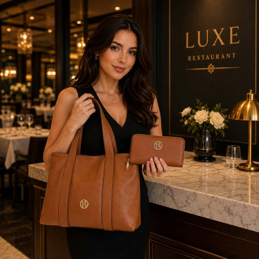 Woman displaying a cognac leather shoulder bag with a matching zip-around wallet