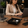 Large Leather Desk Tidy Tray organizing keys and essentials on a desk with a professional at a laptop.