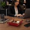 Large Leather Desk Tidy Tray on a wooden desk, organized with keys and AirPods, enhancing workspace aesthetics.