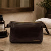 Stylish Leather Wash Bag in dark brown genuine Italian leather, ideal for travel and daily toiletry essentials.