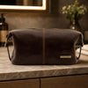 Mens Leather Wash Bag made from hand-stained full grain leather, designed for modern travelers.