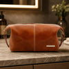 Mens Leather Wash Bag made from hand stained full grain leather, featuring zip top closure and multi-function pocket.