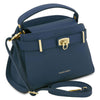 Angled View Of The Dark Blue Leather Tote