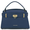 Front View Of The Dark Blue Leather Tote