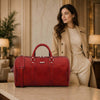 Leather Travel Duffel Bag displayed with a stylish model in a luxurious setting, showcasing its elegant design and functionality.