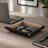 Leather Valet Tray with watch, wallet, and keys on a desk, perfect for organizing everyday essentials.