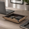 Leather Valet Tray holding keys, wallet, and watch on a stylish desk setting.