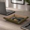 Leather Valet Tray holding keys, wallet, watch on a desk with laptop in a modern workspace