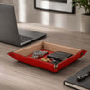 Leather Valet Tray with keys, wallet, and watch on a desk, perfect for organizing essentials.
