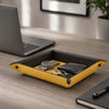 Leather Valet Tray featuring keys, wallet, and watch on a desk beside a laptop.