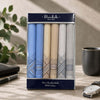 Box Of 6 Luxurious Woven Handkerchiefs in elegant packaging with 100% cotton inside.