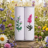 Ladies Handkerchief featuring wild flower embroidery, beautifully presented in a box of two on a floral background.