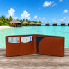 Lizandez Leather Passport Wallet displayed on a beach with cards in it, showcasing functionality and style.