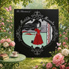 Hankie - Matilda & Miranda illustration featuring a girl in a red dress with flowers and intricate design elements.