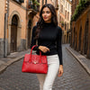 Wman Posing With The Red Louise Leather Handbag With Shoulder Strap