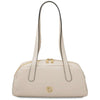 Luxury Leather Shoulder Bag in beige with gold accents and dual zipper pockets.