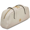 Luxury Leather Shoulder Bag in soft beige with gold accents and double zipper design.