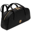 Luxury Leather Shoulder Bag featuring a sleek black design and gold zipper accents.