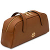 Luxury Leather Shoulder Bag in cognac with gold zipper and handles, showcasing elegant design and premium quality.